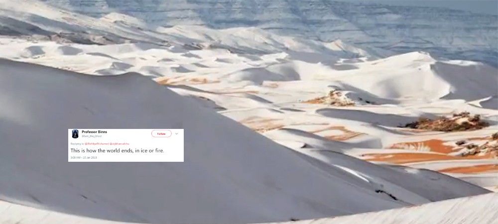 सहारा रेगिस्तान ढक गया बर्फ की चादर से, लोगों को सता रहा है दुनिया के ख़त्म होने का डर