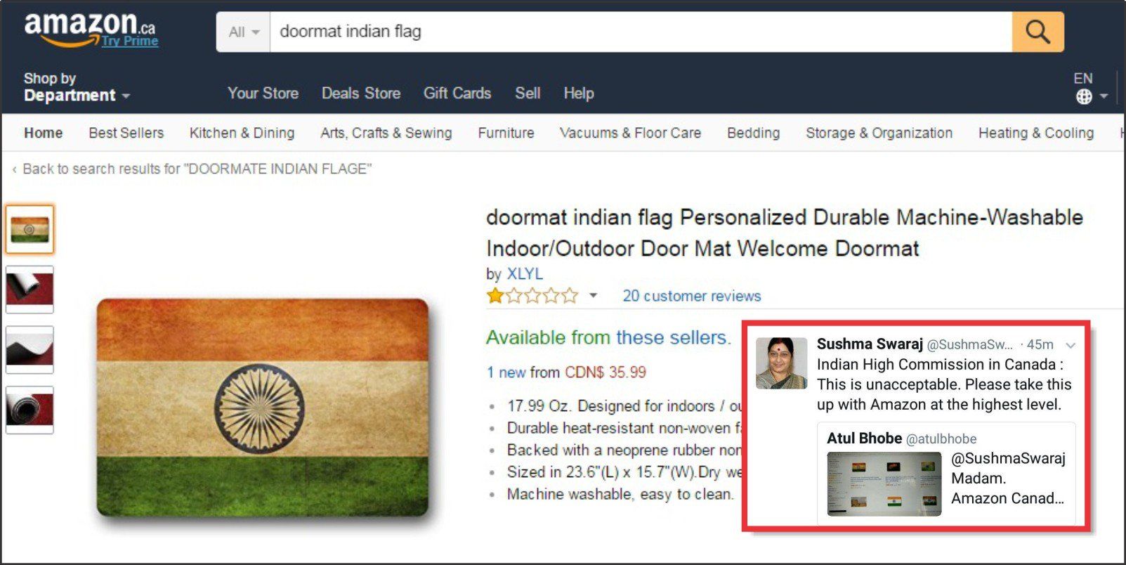सुषमा स्वराज के जबरदस्त विरोध के बाद, अमेजन ने अपनी साइट से हटाए भारतीय झंडे वाले आपत्तिजनक पायदान 