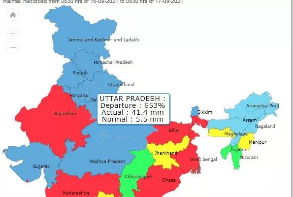 यूपी में 16 सितंबर सुबह 8.30 बजेसे 17 सितंबर 8.30बजे तक हुई बारिश। via IMD