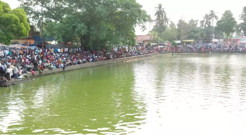 Narayan Goswami deity has been submerged in the temple pond for more than 450 years.