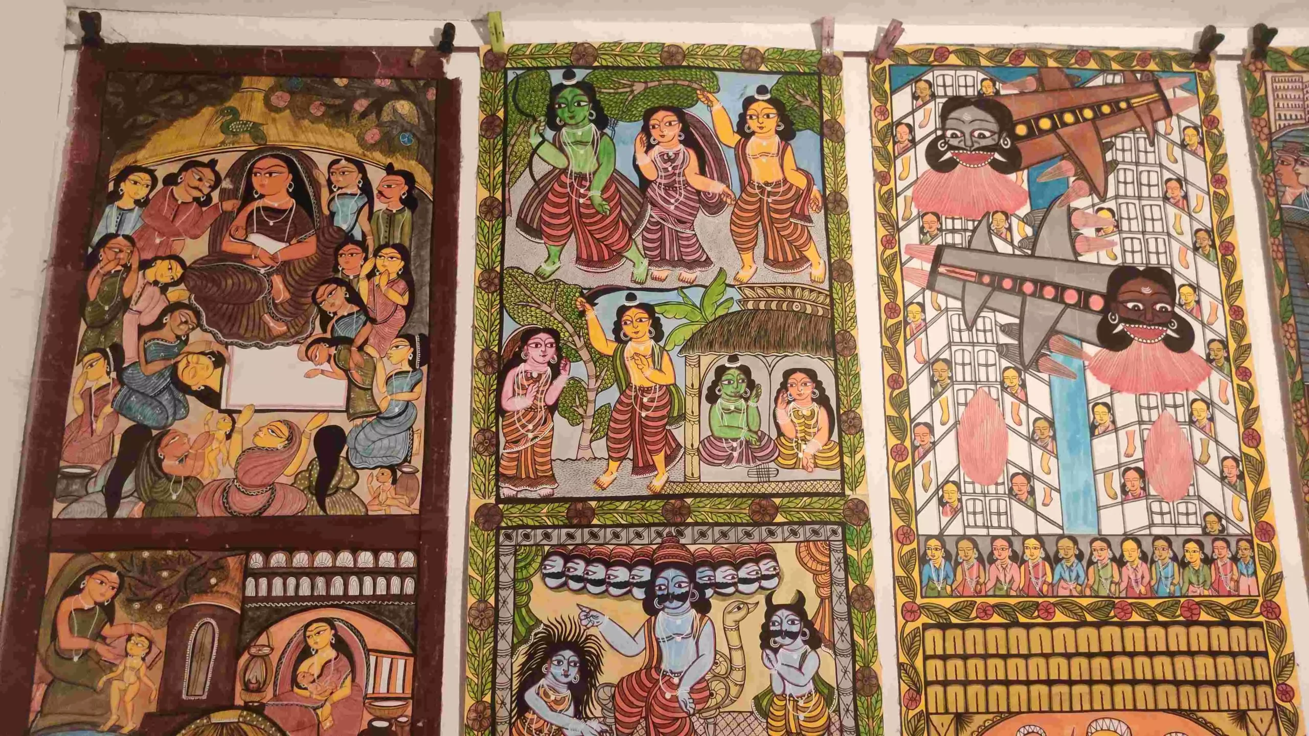Pattachitra tell stories from the Ramayana and Mahabharata and from tribal folklore. Pattachitra tell stories from the Ramayana and Mahabharata and from tribal folklore.