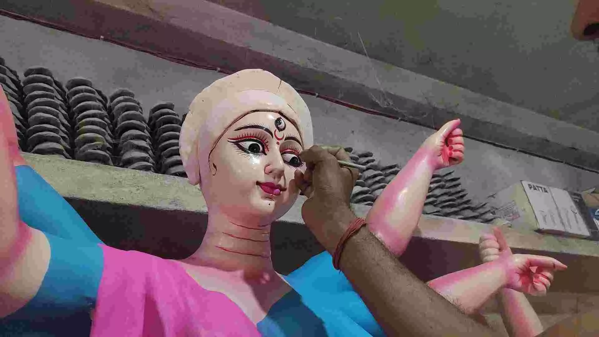 Craftsmen are working 17-18 hours a day to finish making the Durga idols. Craftsmen are working 17-18 hours a day to finish making the Durga idols.