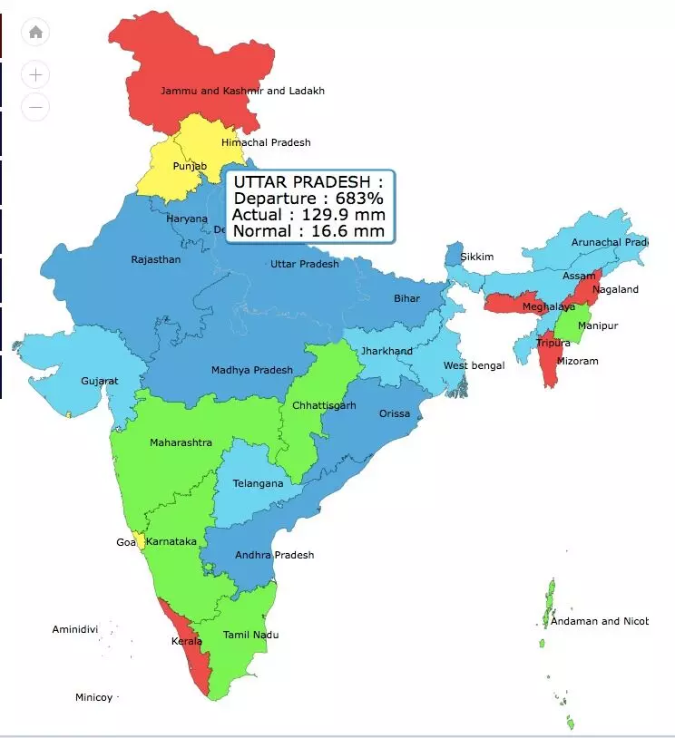 States in dark blue denote excess rainfall (more than 60 per cent). Source: IMD States in dark blue denote excess rainfall (more than 60 per cent). Source: IMD