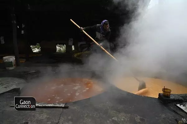 The extracted cane juice is then boiled in giant boilers which convert the juice into a hot, semi-fluid syrup. The extracted cane juice is then boiled in giant boilers which convert the juice into a hot, semi-fluid syrup.