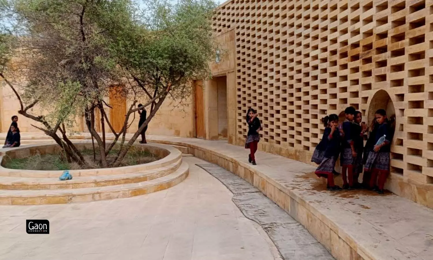 Outside each classroom are planted saplings of the local flora, and they are etched on the sandstone walls as well. Outside each classroom are planted saplings of the local flora, and they are etched on the sandstone walls as well.