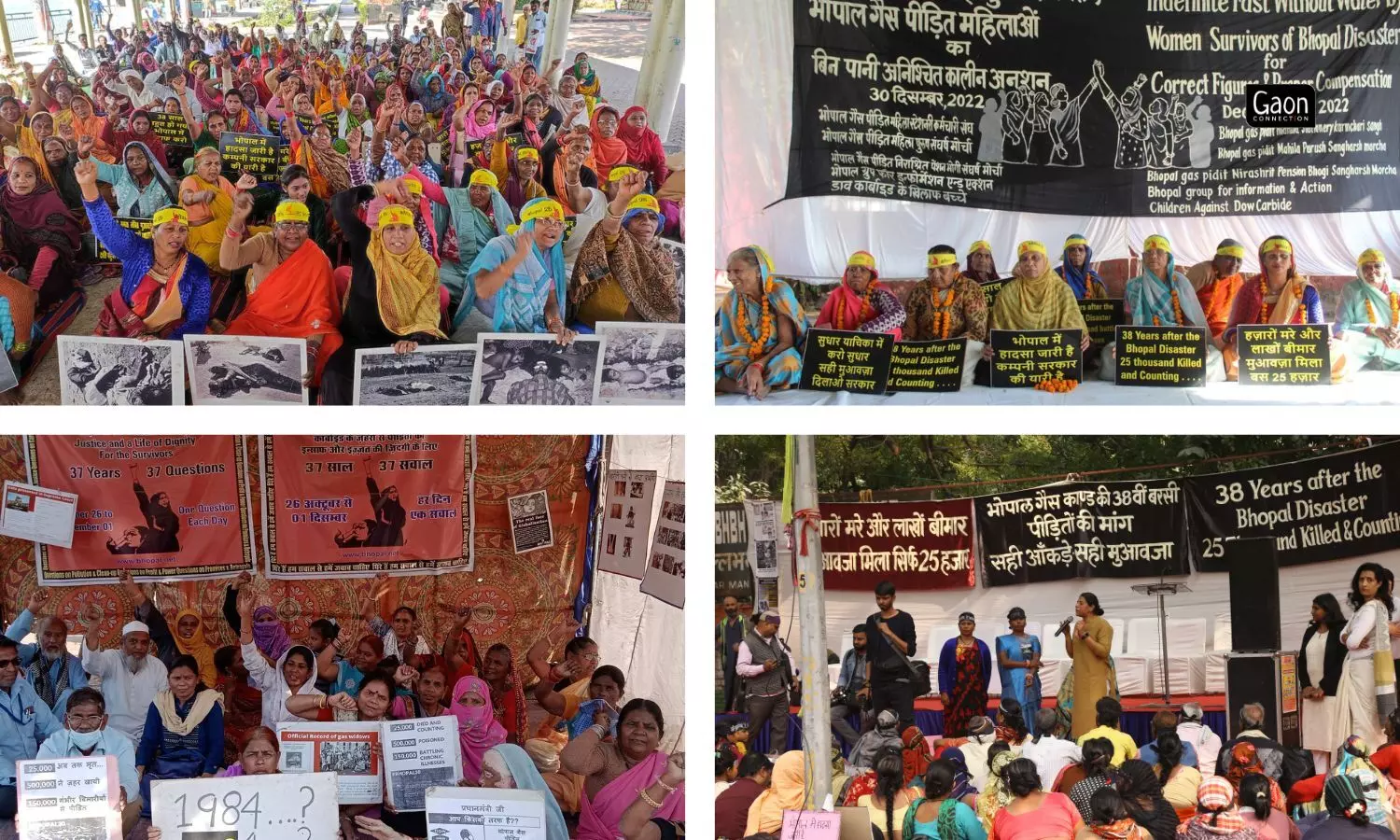 People sitting in protest for the gas leak victims. People sitting in protest for the gas leak victims.
