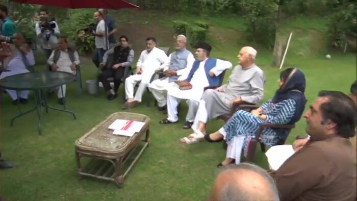 Political leaders of Jammu and Kashmir gathered at the residence of former chief minister of Jammu and Kashmir Farooq Abdullah's residence for an All Party meet on Sunday. Pic: ANI